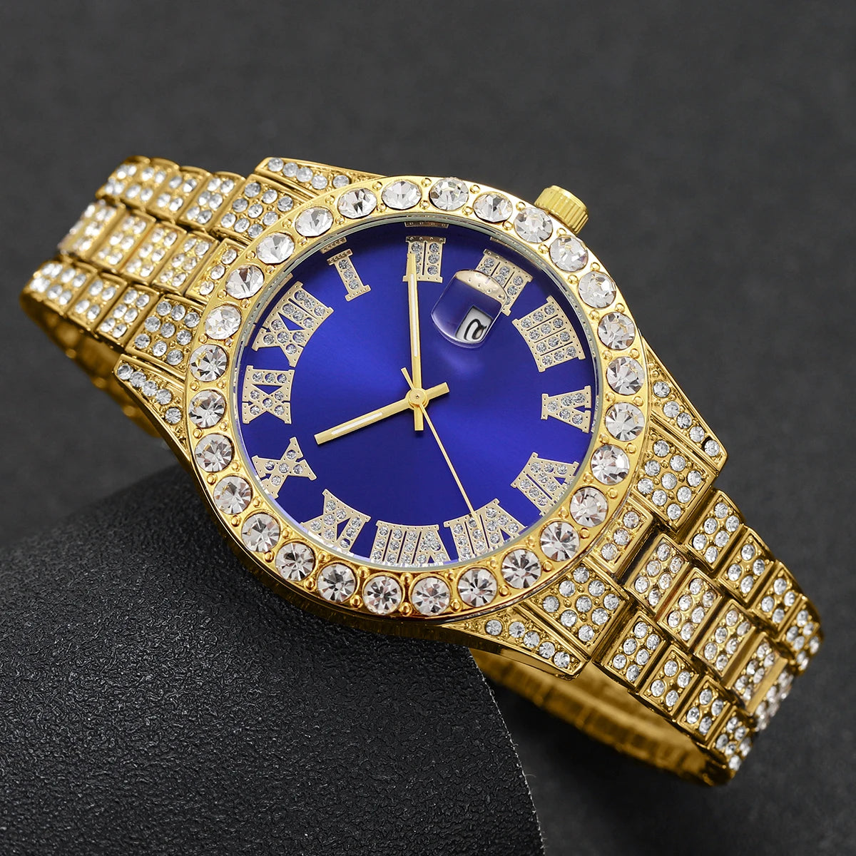 Luxury Gold-Plated Watch & Cuban Link Bracelet Set – Iced Out, Multiple Dial Colors