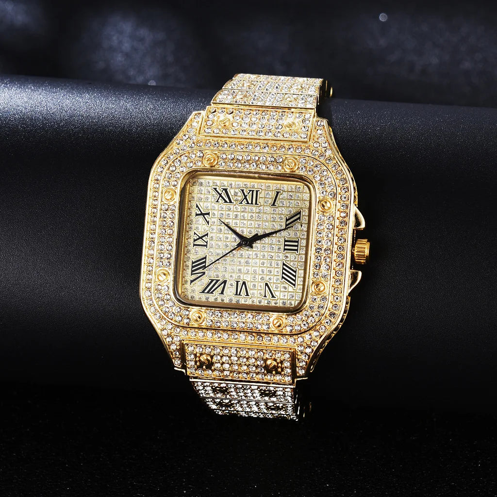 Luxury Iced Out Roman Numeral Watch – Fashion Bling Timepiece for Men (Gold, Silver, Rose)