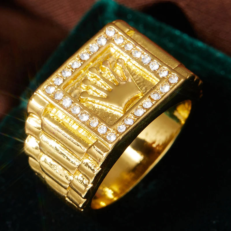 Gold Plated Crown Ring with Crystal Accents – Bold Hip-Hop Style