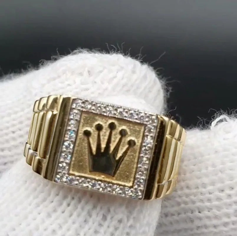 Gold Plated Crown Ring with Crystal Accents – Bold Hip-Hop Style