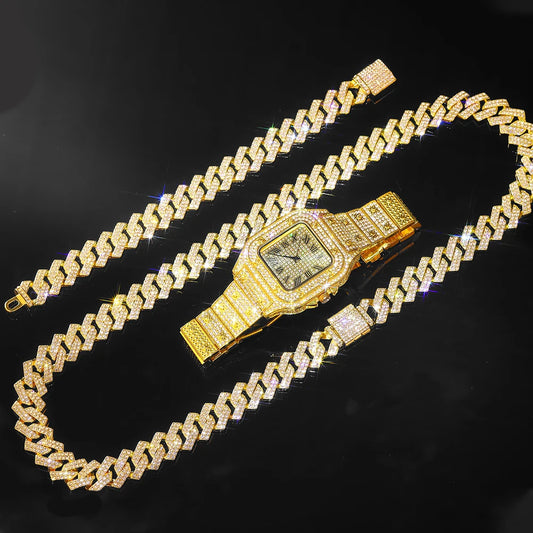 Deluxe Gold & Silver Plated Bling Set – Watch, Cuban Necklace & Bracelet for Rapper Style