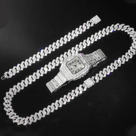 Deluxe Gold & Silver Plated Bling Set – Watch, Cuban Necklace & Bracelet for Rapper Style