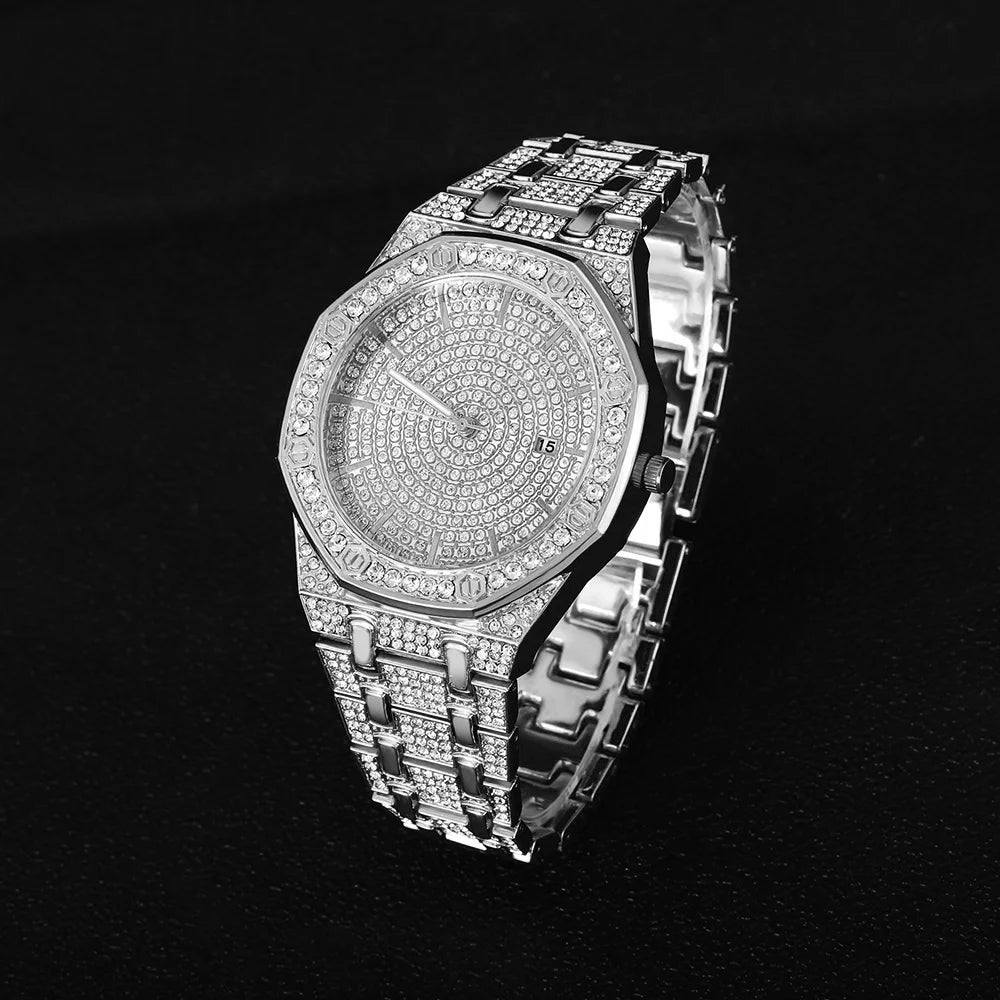 Luxury Iced Out Watch & Cuban Link Bracelet Set – Gold / Silver