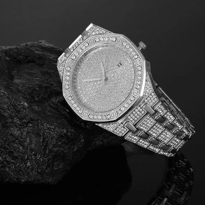 Luxury Iced Out Watch & Cuban Link Bracelet Set – Gold / Silver