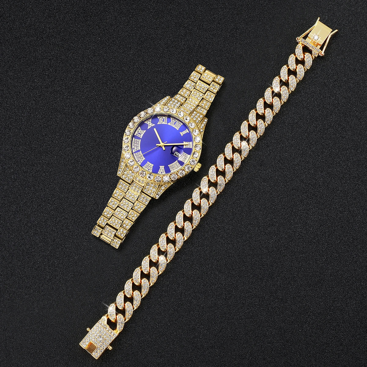 Luxury Gold-Plated Watch & Cuban Link Bracelet Set – Iced Out, Multiple Dial Colors