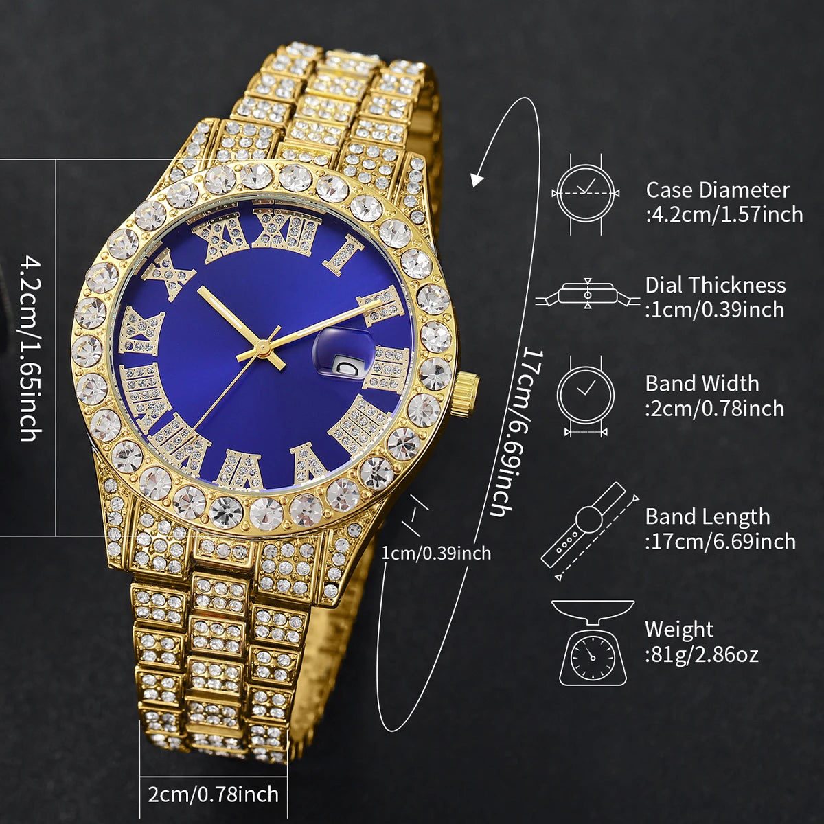 Luxury Gold-Plated Watch & Cuban Link Bracelet Set – Iced Out, Multiple Dial Colors