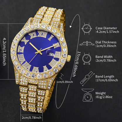 Luxury Gold-Plated Watch & Cuban Link Bracelet Set – Iced Out, Multiple Dial Colors