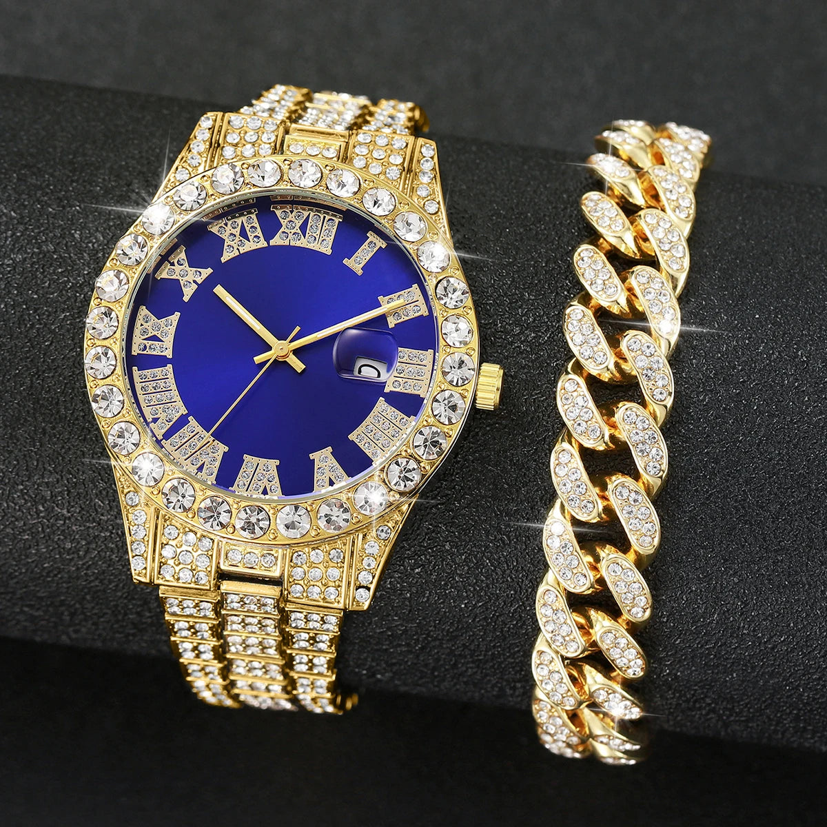 Luxury Gold-Plated Watch & Cuban Link Bracelet Set – Iced Out, Multiple Dial Colors