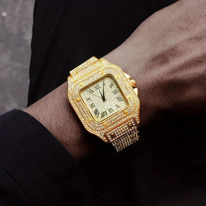 Luxury Iced Out Roman Numeral Watch – Fashion Bling Timepiece for Men (Gold, Silver, Rose)