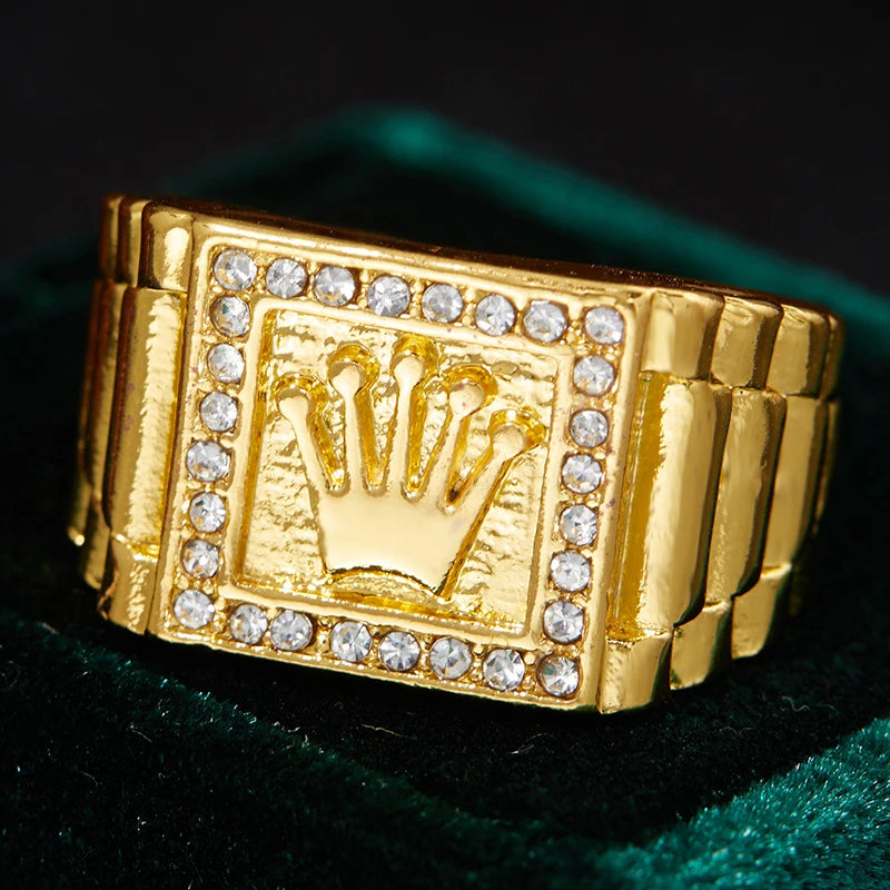 Gold Plated Crown Ring with Crystal Accents – Bold Hip-Hop Style