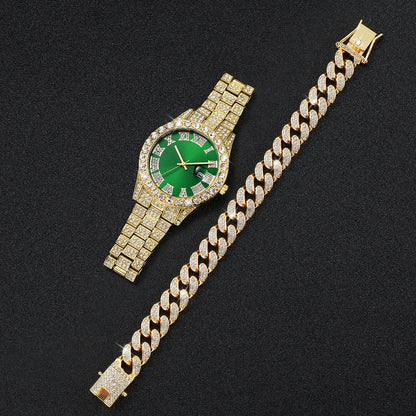 Luxury Gold-Plated Watch & Cuban Link Bracelet Set – Iced Out, Multiple Dial Colors