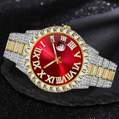 Luxury Iced-Out Jewelry Set – Red Dial Watch, Cuban Chains & Cross Pendant | Gold & Silver-Plated