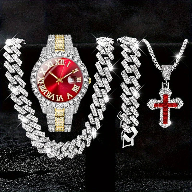 Luxury Iced-Out Jewelry Set – Red Dial Watch, Cuban Chains & Cross Pendant | Gold & Silver-Plated