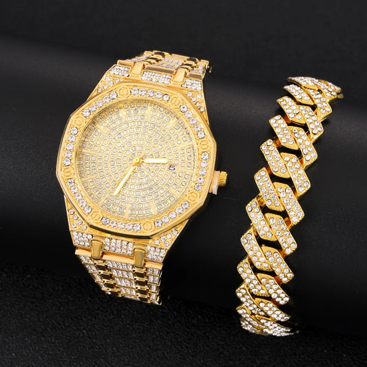 Luxury Iced Out Watch & Cuban Link Bracelet Set – Gold / Silver
