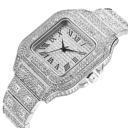 Luxury Iced Out Roman Numeral Watch – Fashion Bling Timepiece for Men (Gold, Silver, Rose)