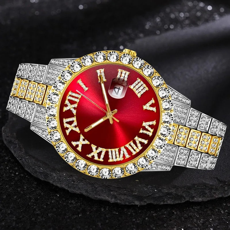 Luxury Iced-Out Jewelry Set – Red Dial Watch, Cuban Chains & Cross Pendant | Gold & Silver-Plated