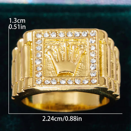 Gold Plated Crown Ring with Crystal Accents – Bold Hip-Hop Style