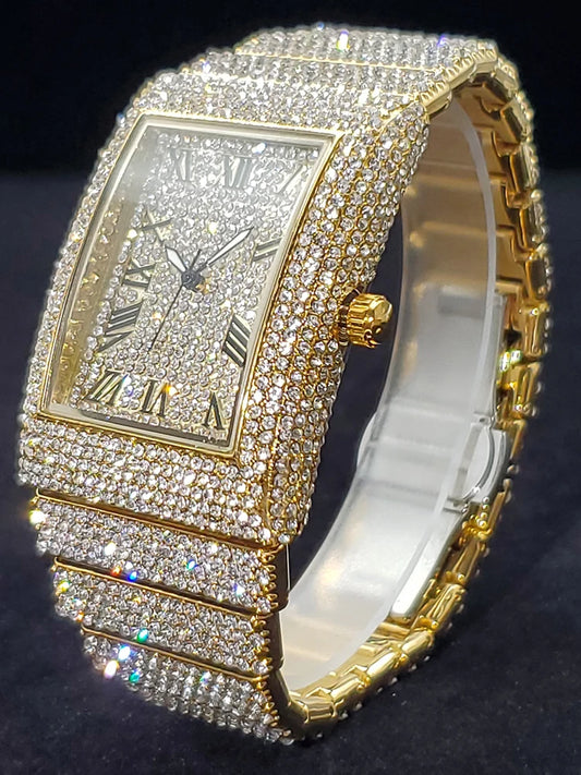 Luxury Gold-Plated Iced-Out Watch – Roman Numerals & Full Diamond Design