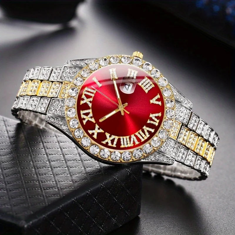 Luxury Iced-Out Jewelry Set – Red Dial Watch, Cuban Chains & Cross Pendant | Gold & Silver-Plated