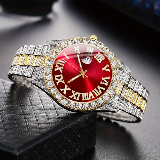 Luxury Iced-Out Jewelry Set – Red Dial Watch, Cuban Chains & Cross Pendant | Gold & Silver-Plated