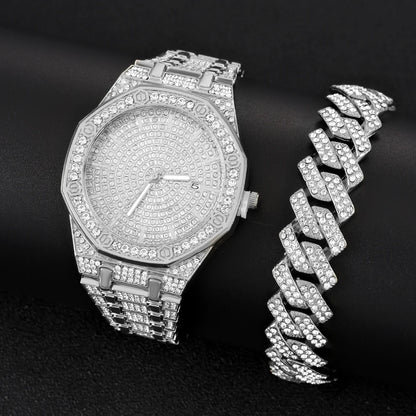 Luxury Iced Out Watch & Cuban Link Bracelet Set – Gold / Silver