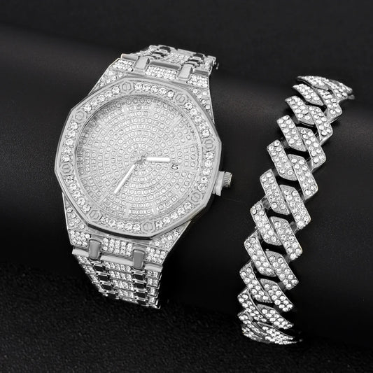 Luxury Iced Out Watch & Cuban Link Bracelet Set – Gold / Silver