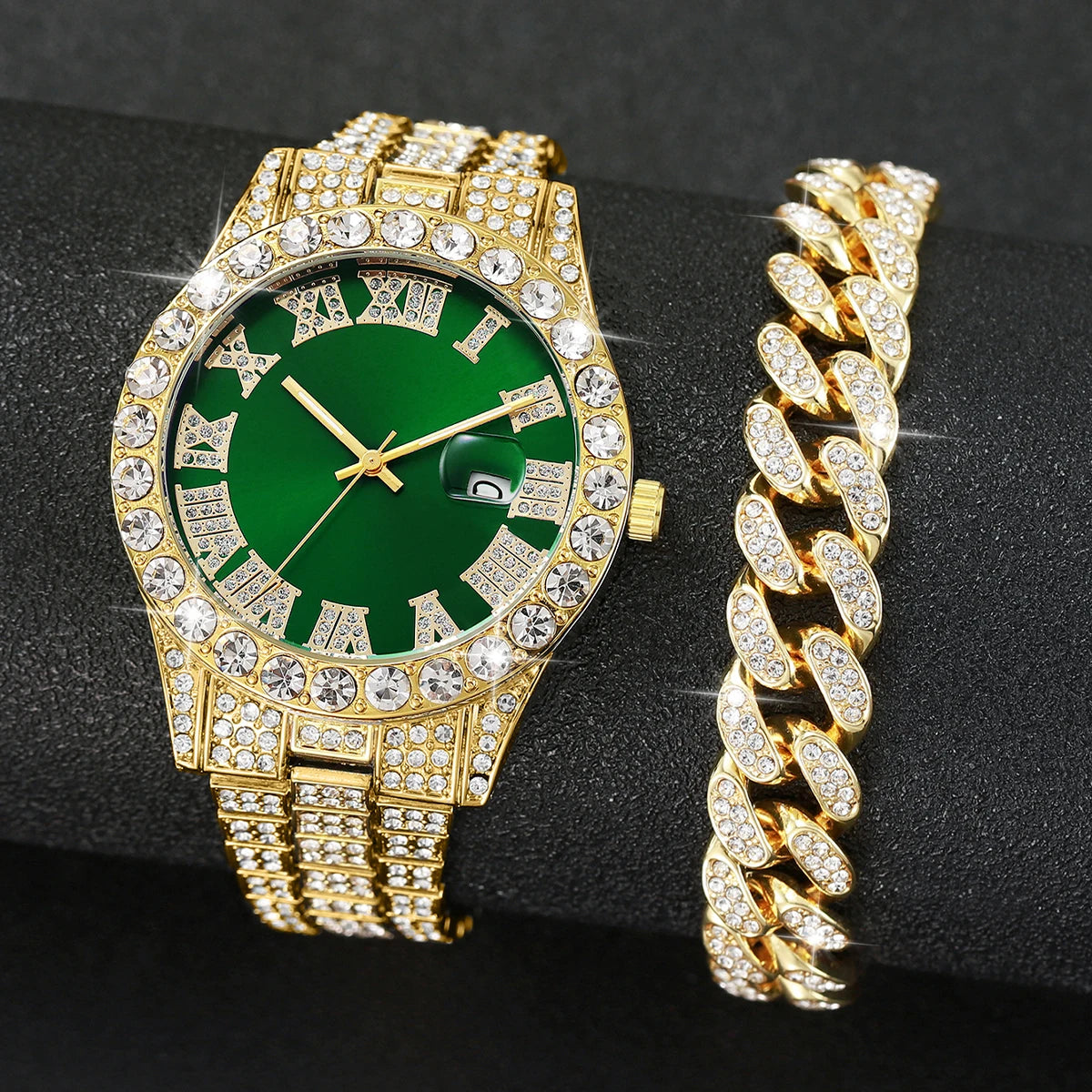 Luxury Gold-Plated Watch & Cuban Link Bracelet Set – Iced Out, Multiple Dial Colors