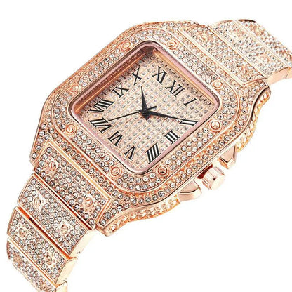Luxury Iced Out Roman Numeral Watch – Fashion Bling Timepiece for Men (Gold, Silver, Rose)