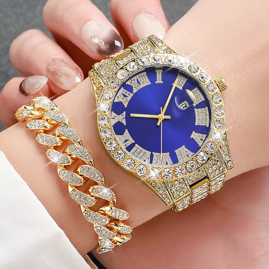 Luxury Gold-Plated Watch & Cuban Link Bracelet Set – Iced Out, Multiple Dial Colors