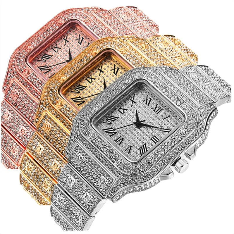 Luxury Iced Out Roman Numeral Watch – Fashion Bling Timepiece for Men (Gold, Silver, Rose)