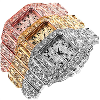 Luxury Iced Out Roman Numeral Watch – Fashion Bling Timepiece for Men (Gold, Silver, Rose)