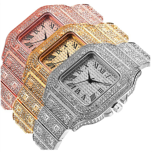 Luxury Iced Out Roman Numeral Watch – Fashion Bling Timepiece for Men (Gold, Silver, Rose)