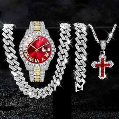Luxury Iced-Out Jewelry Set – Red Dial Watch, Cuban Chains & Cross Pendant | Gold & Silver-Plated