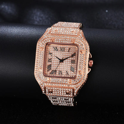 Luxury Iced Out Roman Numeral Watch – Fashion Bling Timepiece for Men (Gold, Silver, Rose)