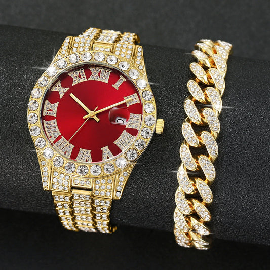 Luxury Gold-Plated Watch & Cuban Link Bracelet Set – Iced Out, Multiple Dial Colors