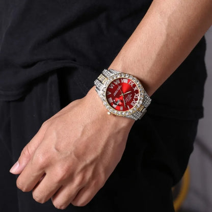 Luxury Iced-Out Jewelry Set – Red Dial Watch, Cuban Chains & Cross Pendant | Gold & Silver-Plated