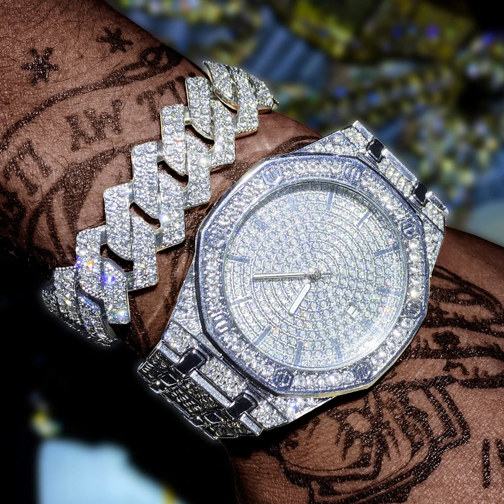 Luxury Iced Out Watch & Cuban Link Bracelet Set – Gold / Silver