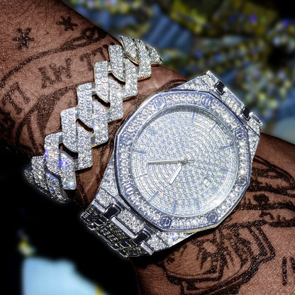 Luxury Iced Out Watch & Cuban Link Bracelet Set – Gold / Silver